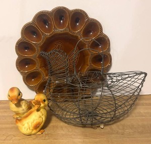 LLR - Deviled Egg Platter by California Pottery, Chick Figurines and Wire Basket