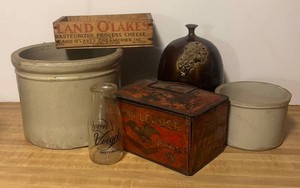 LLR - Vintage Crocks, Union Leader Tin, Voegels Bottle, Cheese Box and More