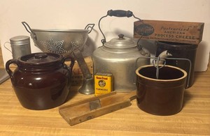 LLR - Vintage Kitchen Collectibles including Crocks, Bean Pot, Strainer, Cheese Boxes and More
