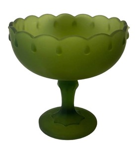 DR - Vintage Green Indiana Satin Glass Pedestal Compote Dish