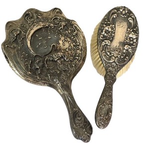 UL-BR3 - Antique Vanity Brush and Hand Mirror Set