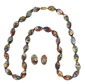 K - Vintage Murano Millefiori Glass Bead Necklace and Matching Clip Earrings Set