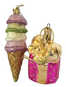 K - Christmas Ornament Set Kurt Adler Ice Cream Cone & Gift (Lot of 2)