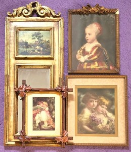 UL-BR3 - Vintage Framed Print Set Victorian Children & Mirror (Lot of 4)