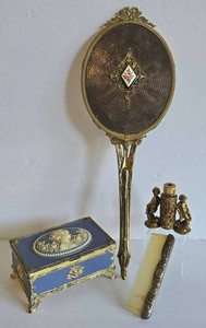 UL-BR2 - Vintage Vanity Set Sirocco Perfume Bottle, Hand Mirror, Comb & Music Box