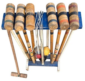G - Vintage Croquet Set With Wooden Mallets & Wickets - 8 X 19 X 24 in