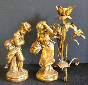 UL-BR2 - Vintage Brass Candlestick & Gold-Painted Figures Mixed Lot