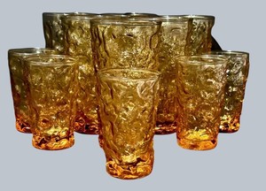 LL - Vintage Amber Tumblers - Anchor Hocking Lido Milano Crinkle Glasses (Lot of 11)