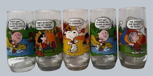 LL - Vintage Peanuts Camp Snoopy Collection Glasses - McDonalds 6in (Lot of 5)