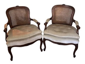 MB - Vintage Cane-Back Upholstered Armchairs Lot of 2