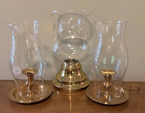 O - Trio of Vintage Brass Hurricane Chamberstick Candle Holders