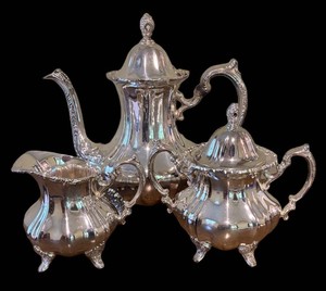 O - Vintage Footed Silver Plated Coffee Service including Coffee Pot, Creamer Pitcher & Sugar Dish