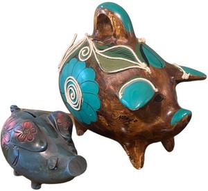 MB - Two Vintage Tonal Pottery Piggy Banks