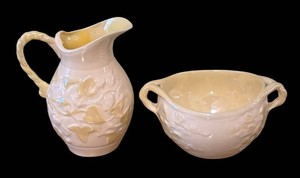 MB - Belleek Ivy Yellow Creamer Pitcher & Open Sugar Bowl