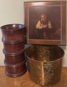 MB - Vintage Brass Pot, Wooden Vase & Rembrandt Print