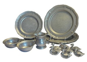 K - Vintage Pewter Plates, Bowls, Pitcher & Napkin Rings