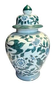 LR - Chinoiserie Floral & Bird Motif Ceramic Temple Jar