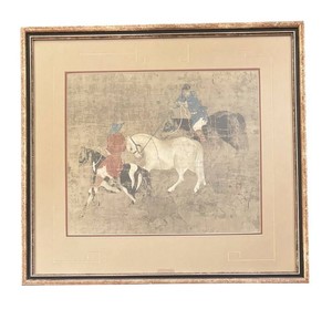 LR - Riders Leading White Horse Chinese Art Print by  Zhao Mengfu