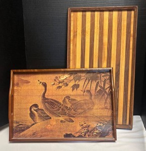 DRLR - Vintage Wooden Serving Trays - Inlaid & Pictorial Pair