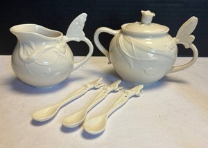 LR - Godinger Butterfly Creamer Pitcher,  Sugar Dish & Spoons