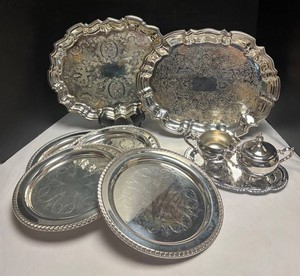 LR - Vintage Silver-Plated Serving Platters with Creamer and Sugar Set