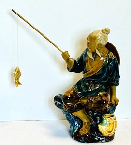 LR - Ceramic Fisherman Figurine - Glazed Asian-Style Fishing Figure
