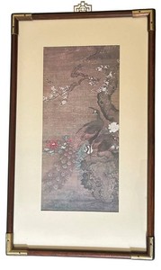 LR - Framed Peacock Artwork - Floral Asian-Style Design
