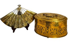 LR - Brass Decor - Pierced Lidded Box & Bird Fan Plaque (Lot of 2)