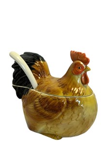 LR - Ceramic Chicken Covered Serving Dish With Ladle - 3-Piece 9 X 10 in