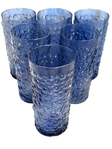 LR - Set of Six Vintage Blue Bubble Glass Tumblers