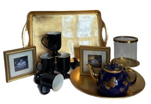 DR - Tea-Themed Decor - Gold Trays, Teapot, Cups & Framed Art Mixed Lot
