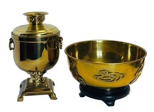 LR - Vintage Russian Brass Samovar & East Asian Brass Bowl Set