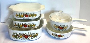 LR - Vintage CorningWare Casserole & Saucepan Set French Vegetable Motif (Lot of 5)