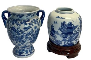 LR - Blue & White Decorative Vases With Wooden Stand