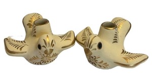 LR - Ceramic Bird Candle Holders Pair - Gold Floral Decor