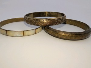 Vintage brass bangles- etched floral designs, hammered textures, and mother-of-pearl inlay (3)