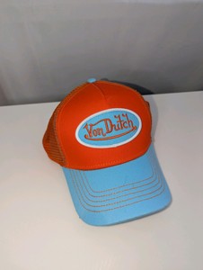 Von Dutch trucker hat orange and light blue, new with small mark on visor top
