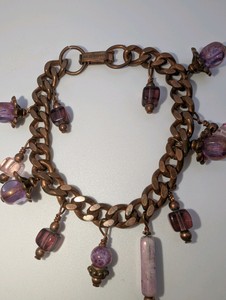 Solid copper charm bracelet, purple glass and Czech glass dangles- 7, 28.2grams
