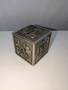 Vintage silver-plated baby block coin bank