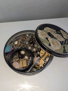 Vintage White Lily Tin filled with Vintage jewelry