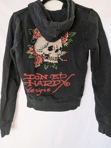 Vintage black Ed Hardy by Christian Audigier full-zip hoodie,rhinestone-embellished skull and red rose tattoo graphic, size XS