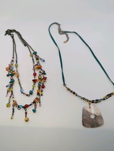 Pair of Vintage Necklaces- Mother of Pearl, Premier Designs multi-strand gemstone chip and glass bead necklace