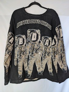 Black woven tapestry crewneck sweater, Better Days Ahead astronaut, missing size tag