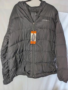 NWT Eddie Bauer EB650 mens black wide-channel hooded down puffer jacket, size XXL