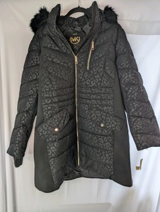 NWT Michael Kors mixed-media insulated puffer coat, leopard-print front panels and a faux-fur trimmed hood, 2XL