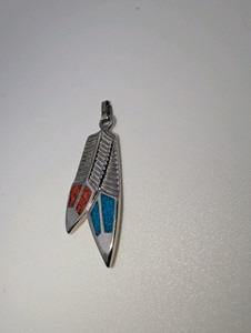 Navajo 830 silver multi-stone inlay feather pendant, vibrant crushed turquoise and red coral accents, 2.9 grams