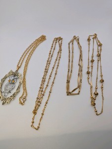 (4) Vintage Chain Necklaces- Owl Pendant Gold Crown Inc, Love Knot Chain Necklace