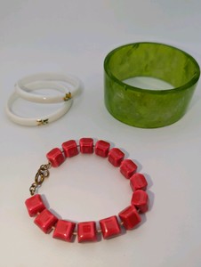 (3) Vintage Bracelets- Hand Painted Floral Child Bangle, Green marbled Bakelite wide bangle