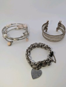 Set of 3 Vintage Bracelets- Chunky chain charm bracelet, Multi-wrap memory wire spiral bracelet
