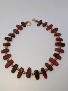 Vintage Raw Stone and Bead Necklace- Raw Cut Cherry Colored Natural Stone